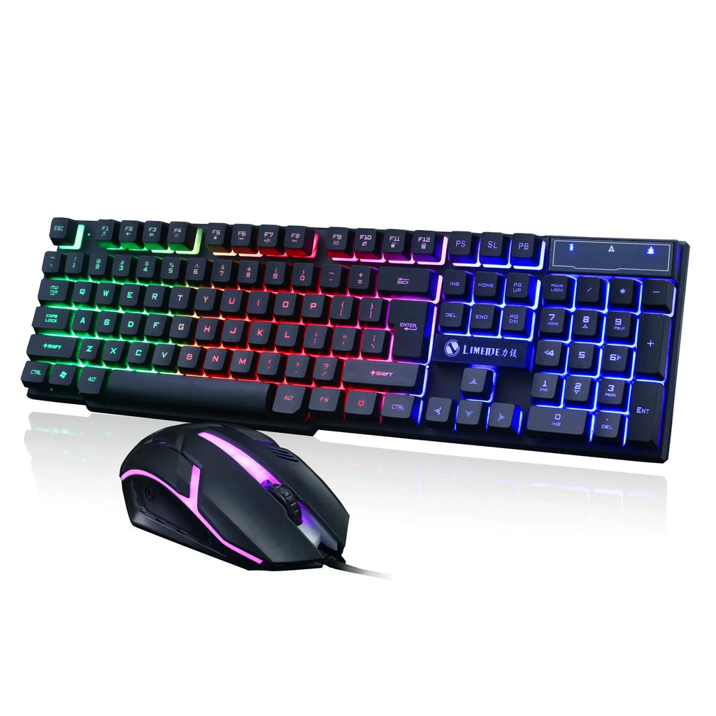 Limei GTX300 white and black wired gaming keyboard and mouse set with backlit keys on a desk