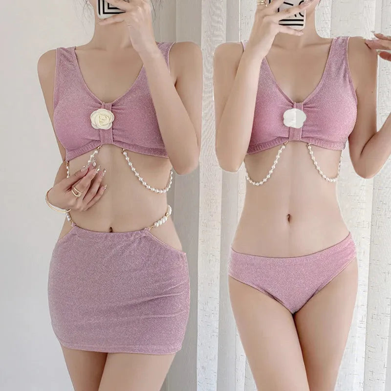 Women's black three-piece bikini swimsuit with high elasticity polyester fabric