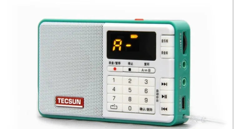 Tecsun Q3 digital audio player in choice of colours showing compact design with speaker and buttons.