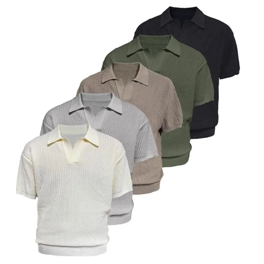 Men's loose fit polo shirt with business stripes in ice silk fabric, shown in creamy-white colour