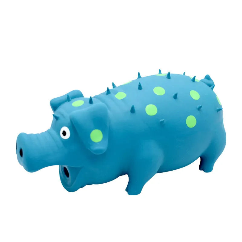 Colourful pig-shaped latex dog chew toy with textured surface for teeth cleaning