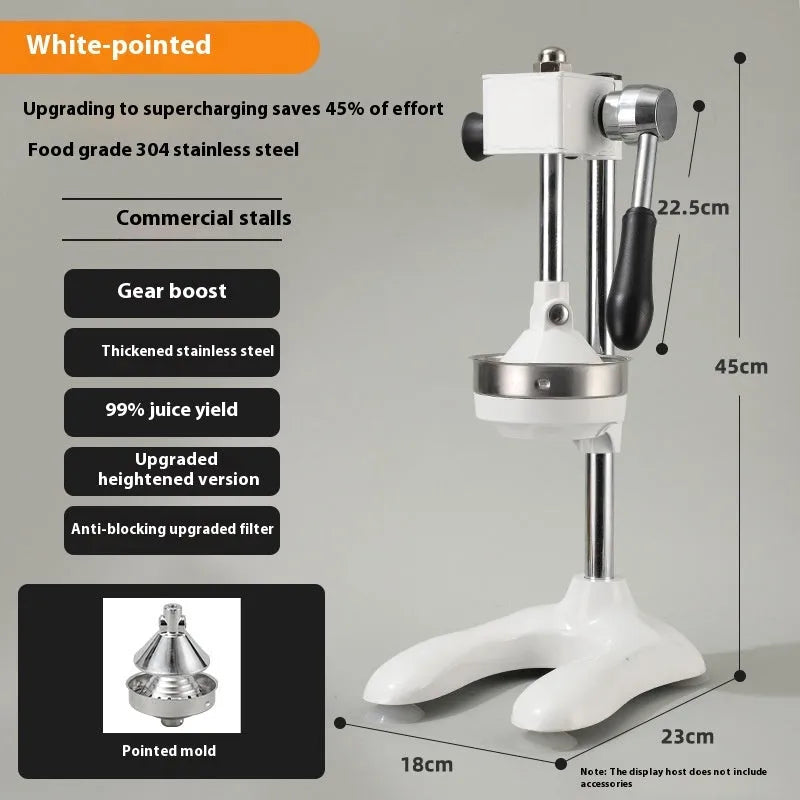 Vertical stainless steel manual juicer with three tip options: pointed head, flat head, and double head.