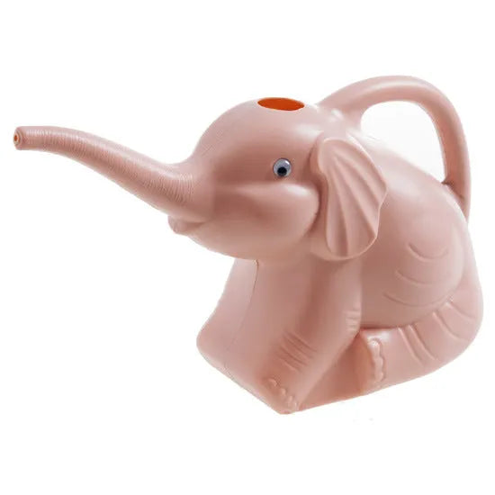 Pink elephant-shaped children's watering can with a long nozzle and bottle-style handle.