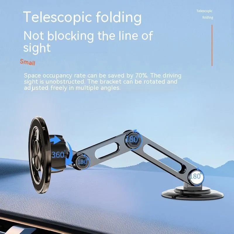 All-metal magnetic car phone holder in black, shown with magnetic rings and adhesive pads for dashboard or vent mounting.