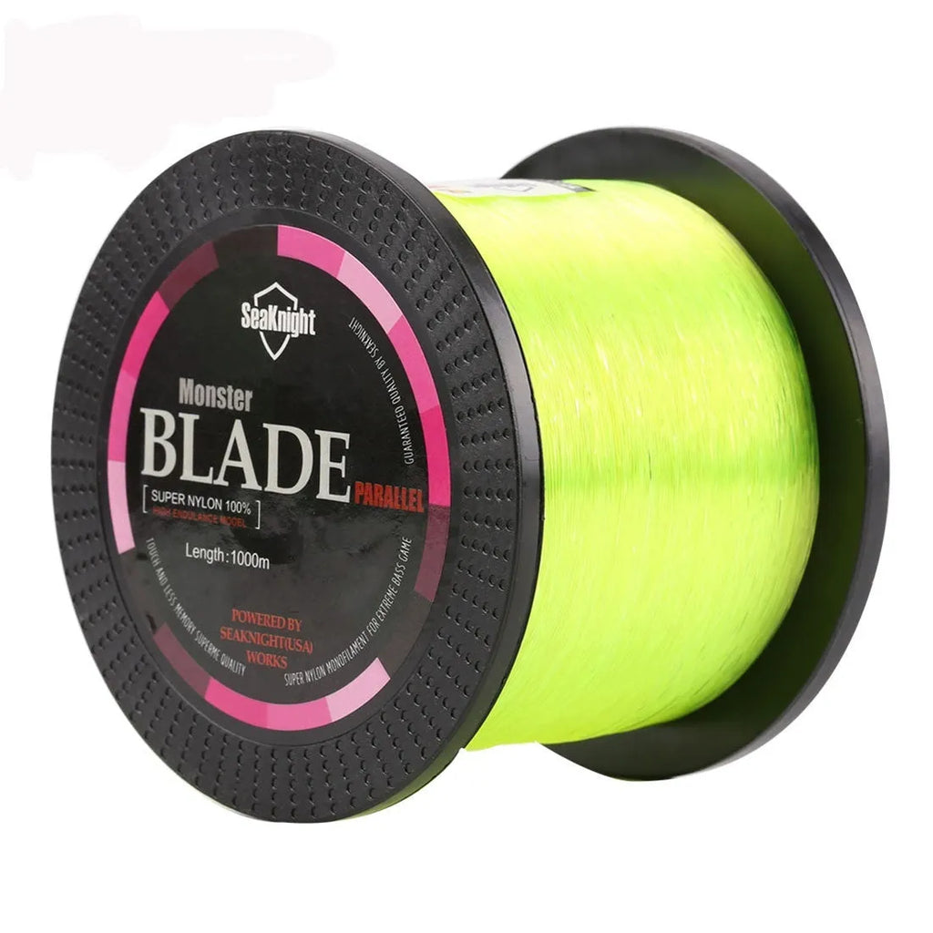 Seaknight 1000 M fishing line spool showing multiple colour options and diameter sizes for angling.