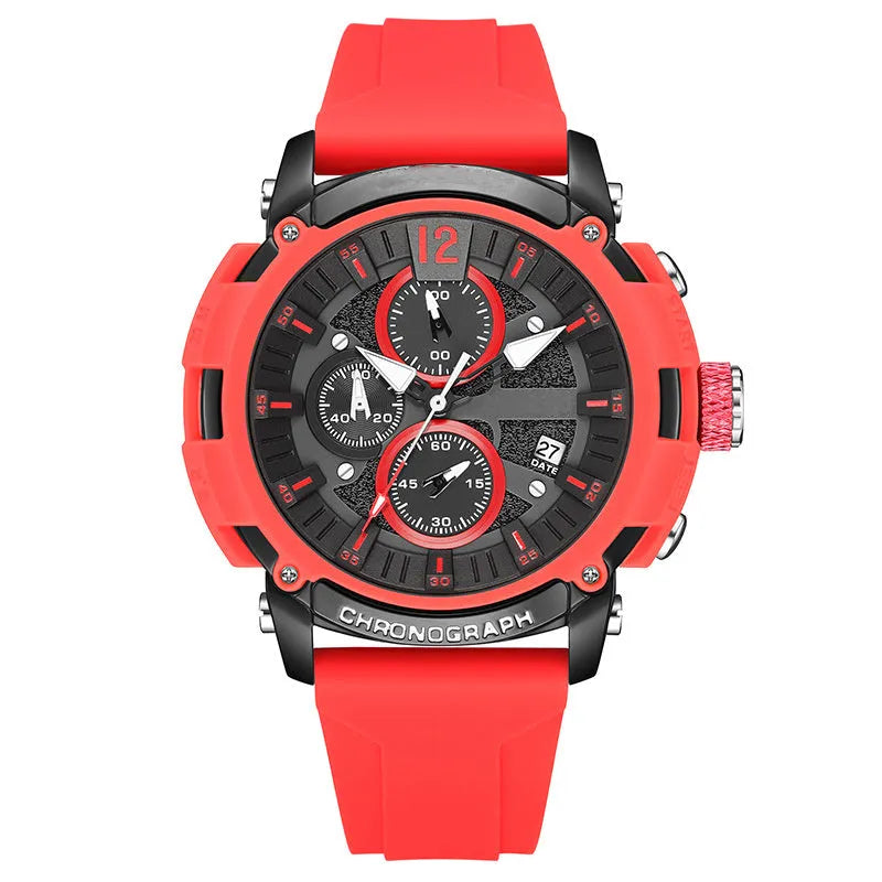 Men's multi-function digital watch with luminous display on a wrist, showing black, blue, green, orange, and red colour options.