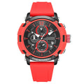 Men's multi-function digital watch with luminous display on a wrist, showing black, blue, green, orange, and red colour options.