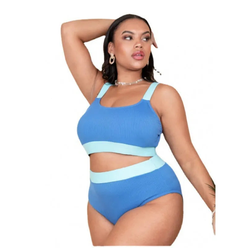 Women's high waisted polyester bikini swimsuit set in briefs style with stitching detail