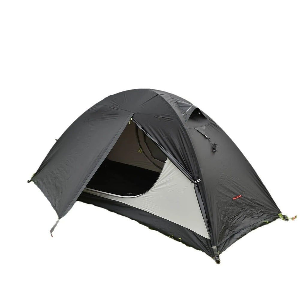 Single person camping tent with aluminium poles in red colour, showing double account design