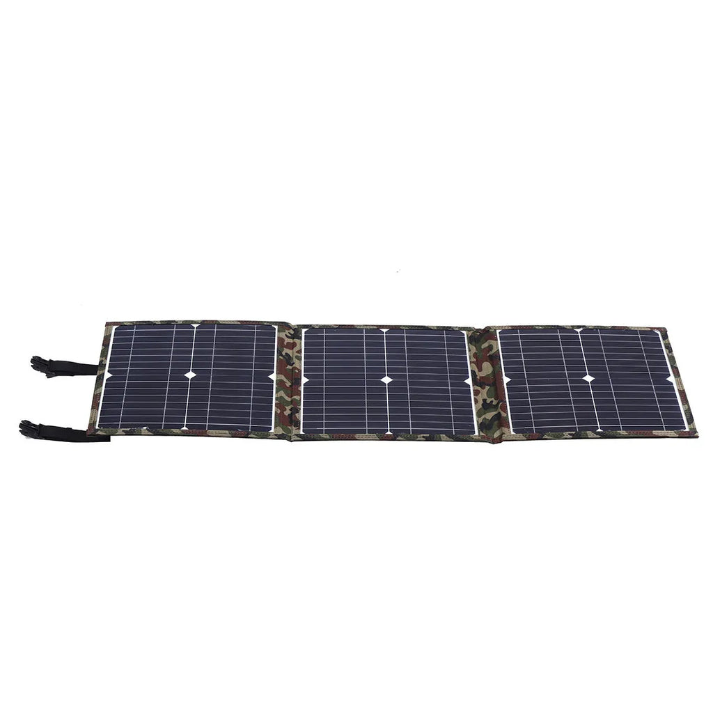 Black foldable 36W portable solar panel unfolded showing three solar cells, with car charger and cables.