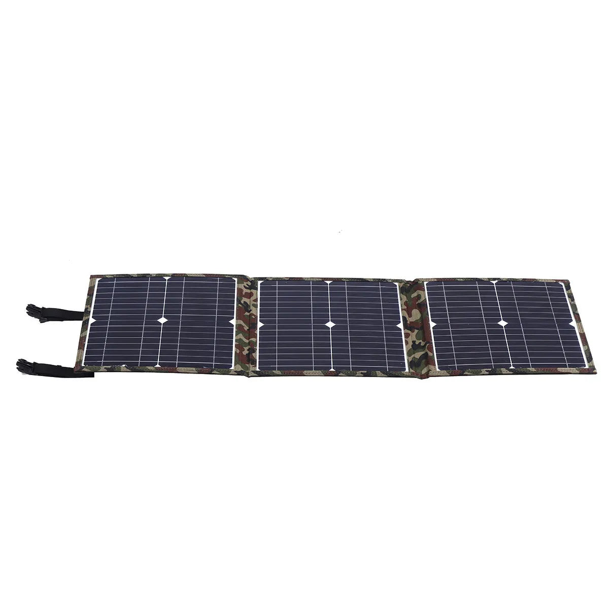 Black foldable 36W portable solar panel unfolded showing three solar cells, with car charger and cables.