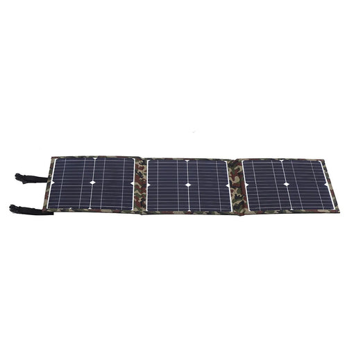 Black foldable 36W portable solar panel unfolded showing three solar cells, with car charger and cables.