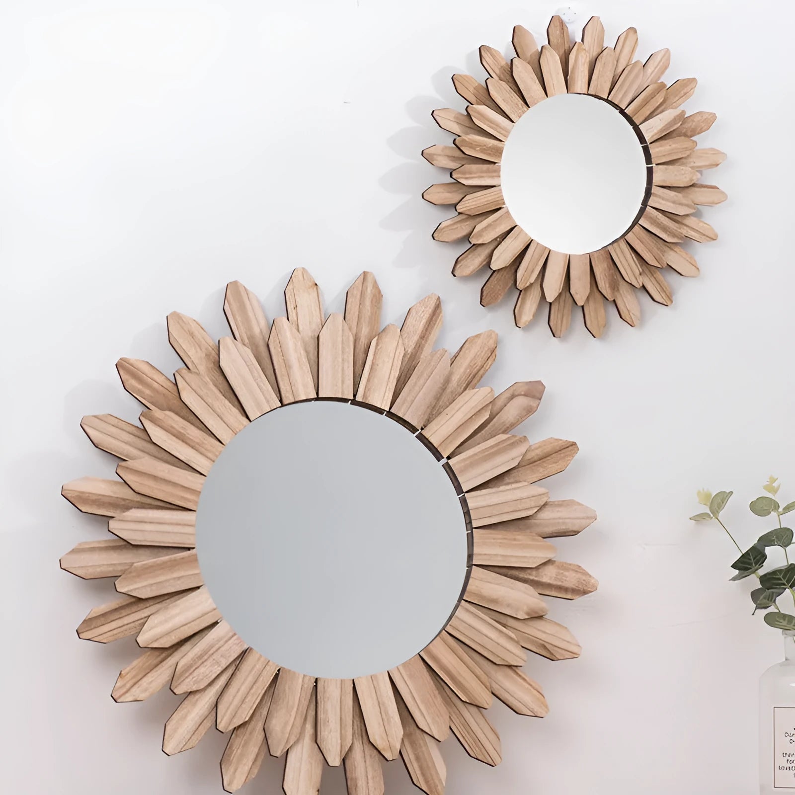 European-style solid wood hanging circular mirror with baked colour finish on wall