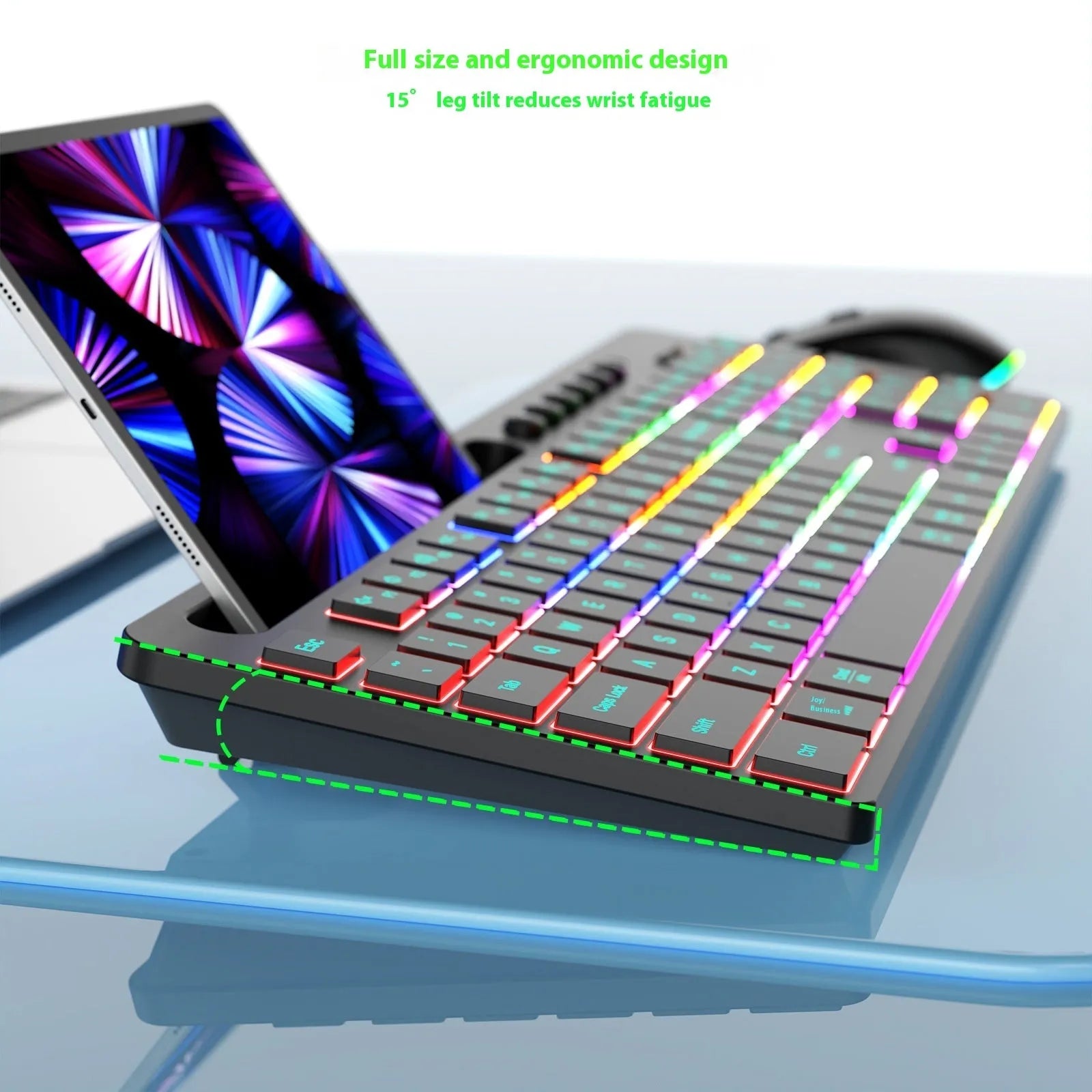 Wireless keyboard and mouse set with luminous keys and card slot on a desk
