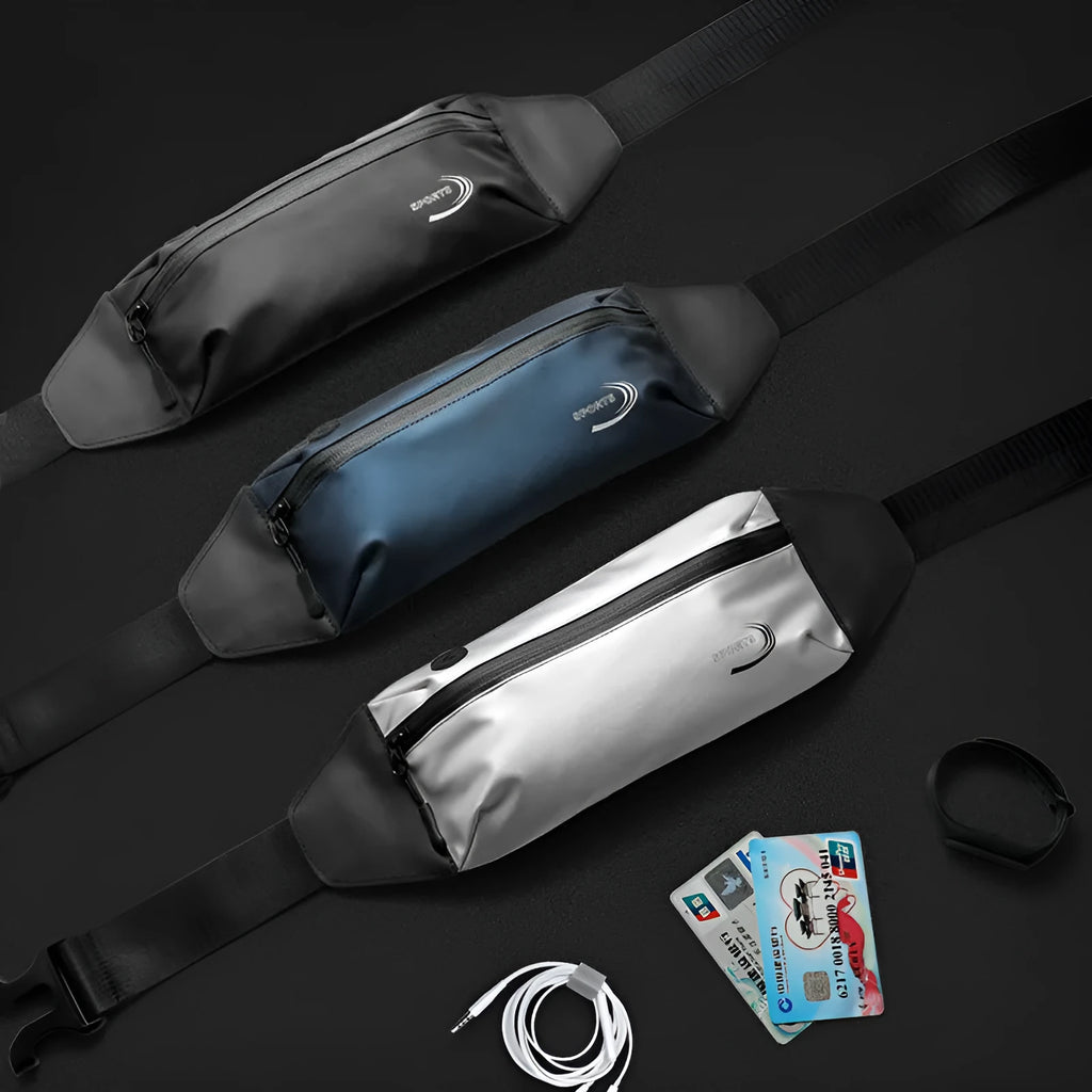 Men's blue waterproof waist bag with adjustable strap and front compartment for sports use