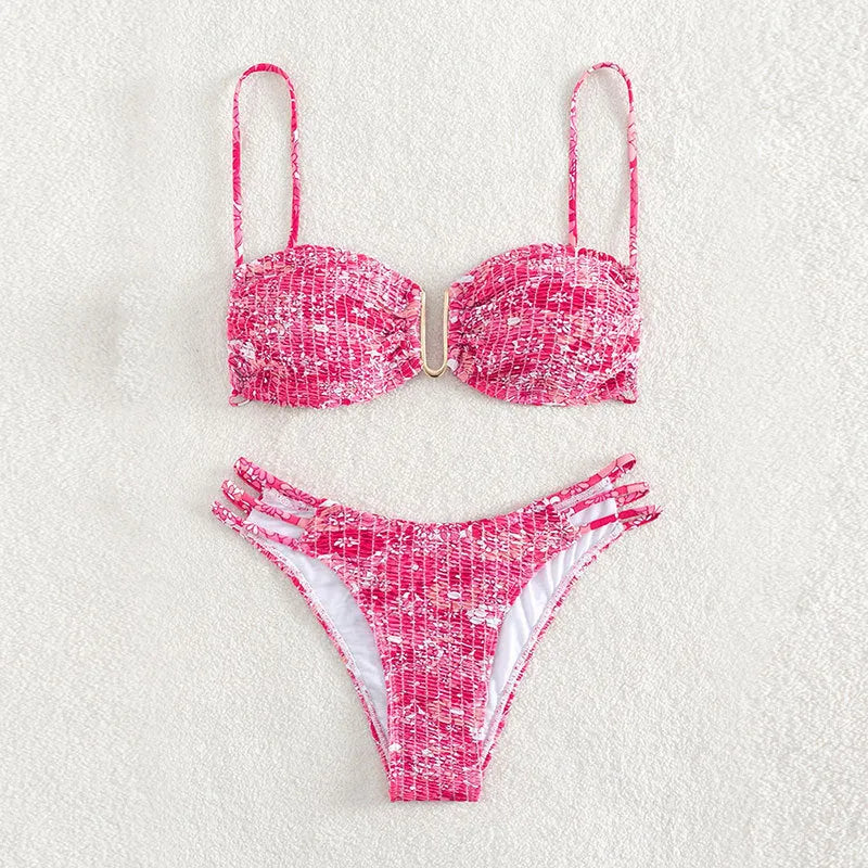 Women's high-waist floral bikini swimsuit set in solid colour with nylon lining