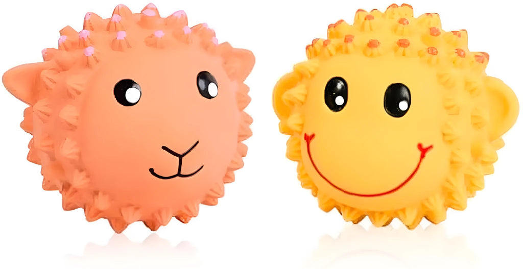 Orange and yellow latex squeaky dog toys with spiky surfaces shaped as lamb and monkey animals