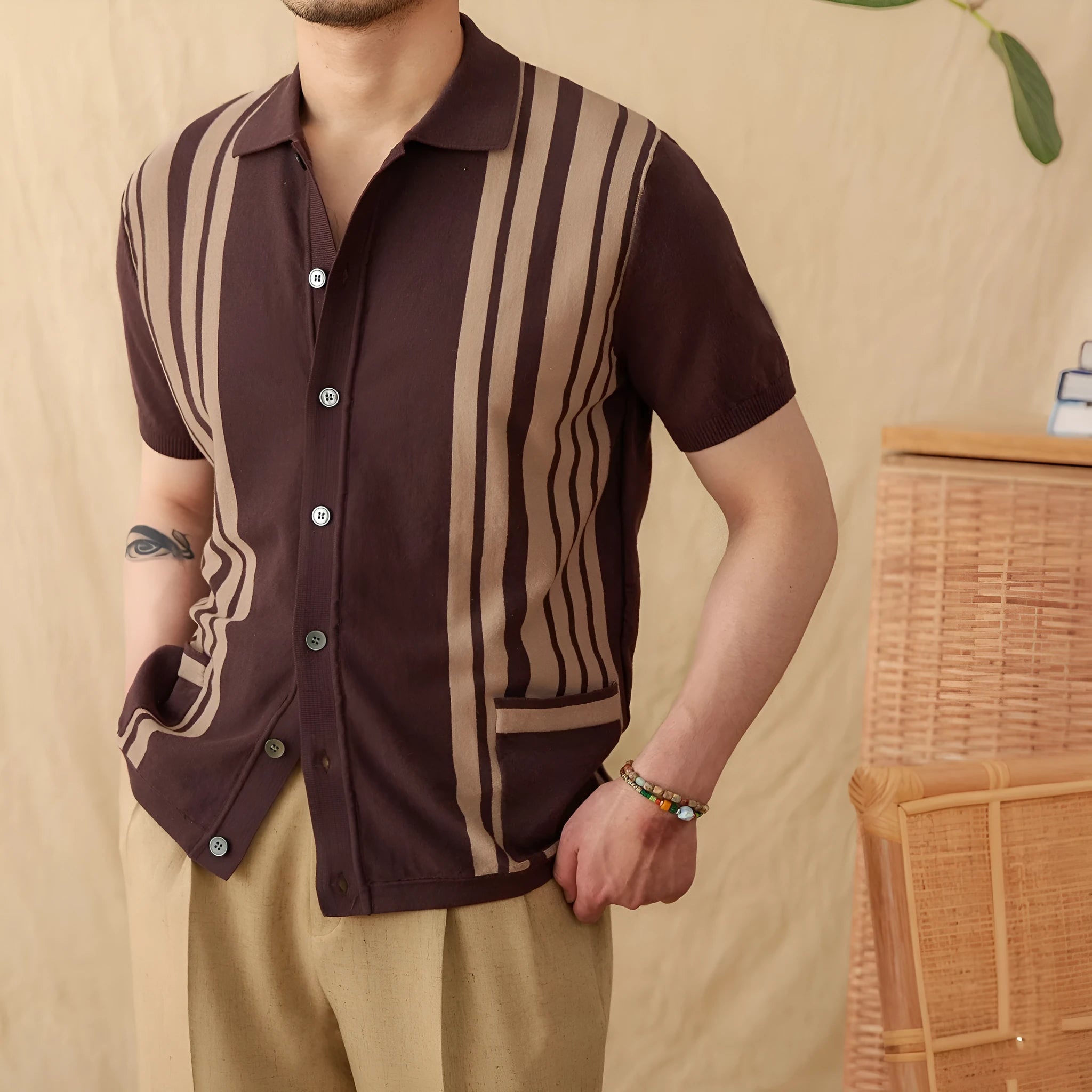 Men's thin striped short-sleeve cardigan polo shirt with a lapel collar, shown in light blue.