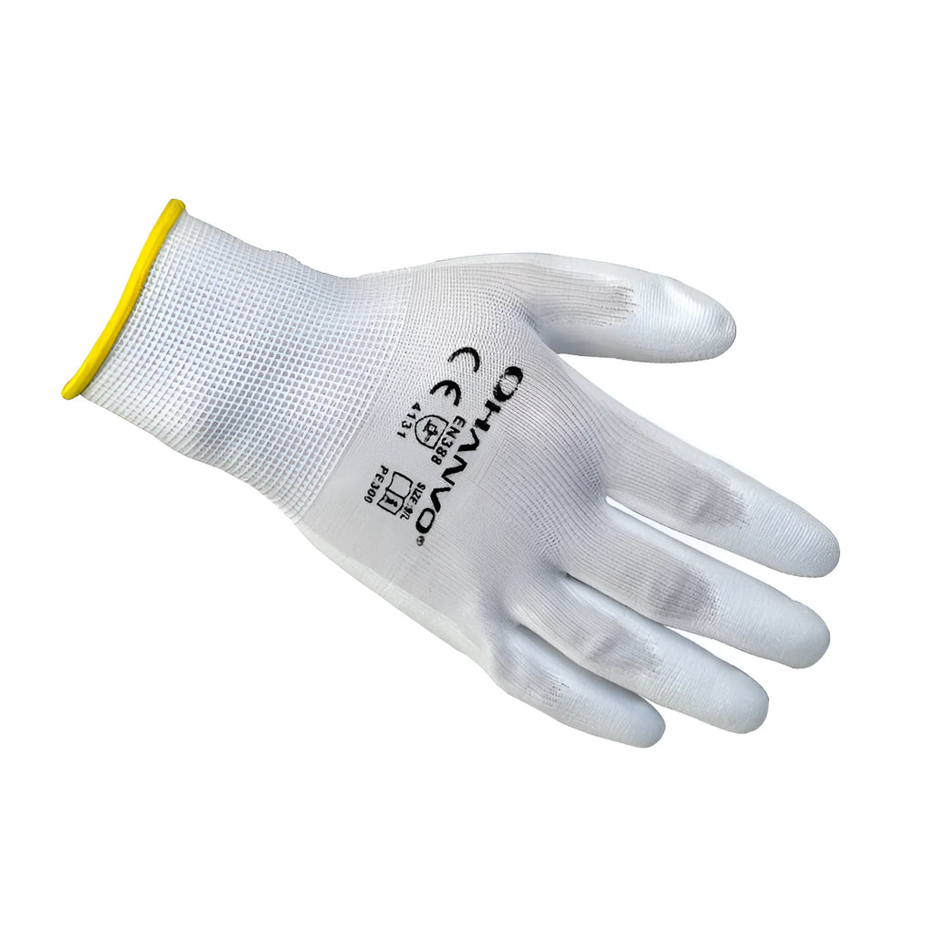 White PU coated work gloves showing palm coating and extended 24cm length.