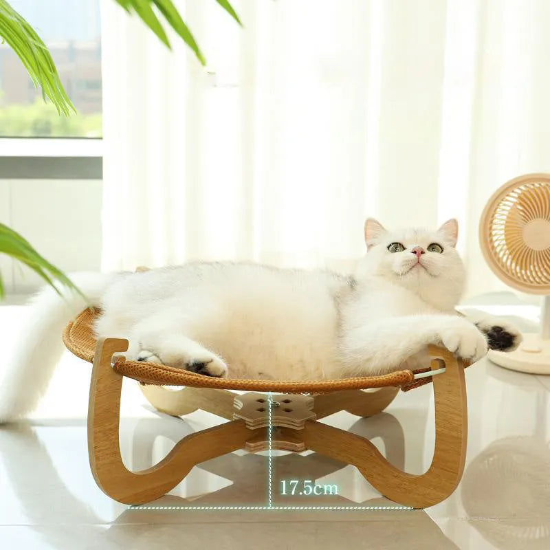 Brown woven rattan pet hammock bed measuring 46cm square with off-ground design
