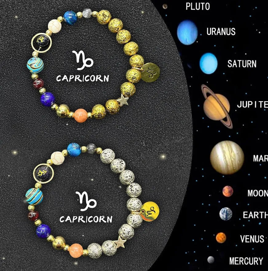 Set of twelve natural stone beaded bracelets, each representing a different zodiac sign.