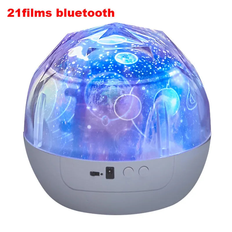 Starry sky projection lamp with plastic shade showing cosmic light patterns on a wall.