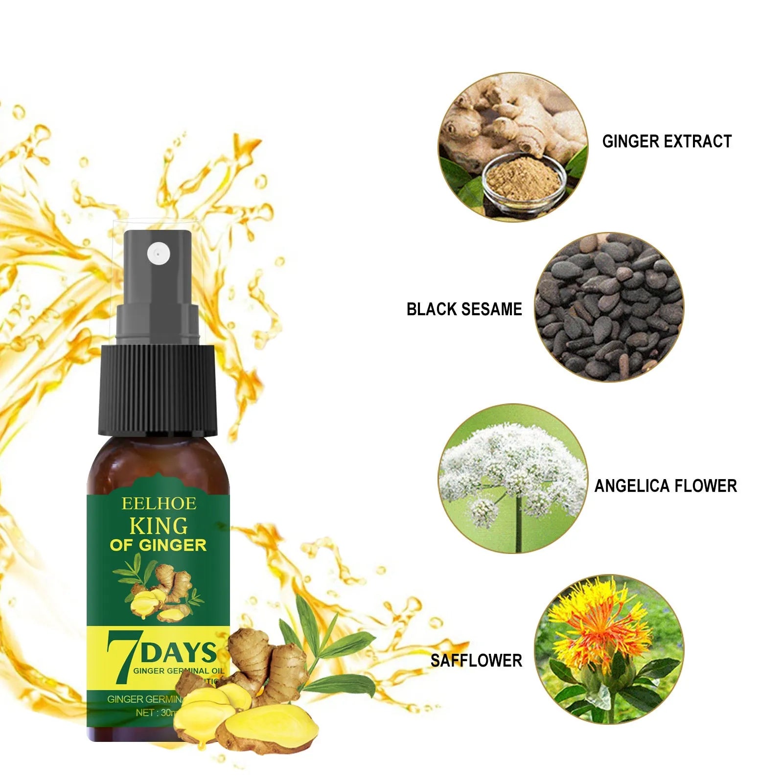 EELHOE ginger nutrition spray in 30ml and 50ml bottles for hair root moisture and damage care.
