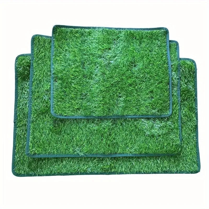 Artificial grass dog toilet training mat on a floor, shown in small, medium, and large sizes.