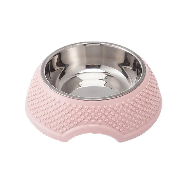 Set of four coloured stainless steel pet bowls with non-slip bases for cats and dogs