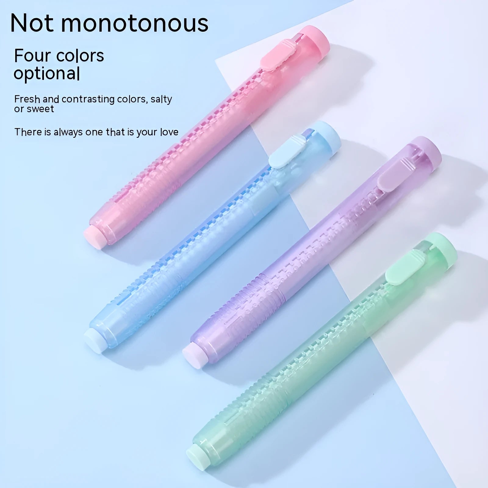Push-type traceless children's automatic eraser in blue, green, pink, and purple colours