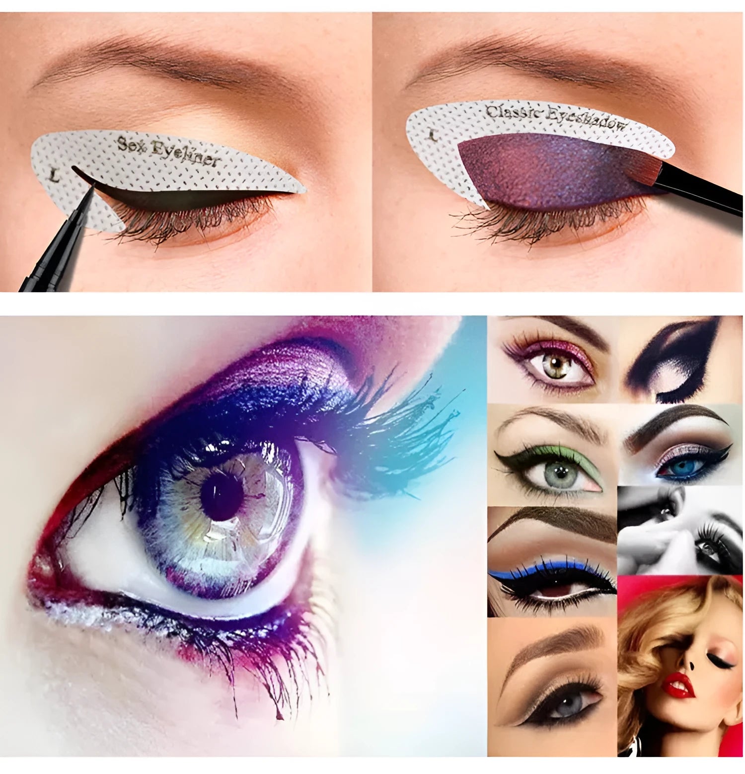 Set of four reusable flexible eyeliner and eyeshadow makeup stencil templates on a pink background.