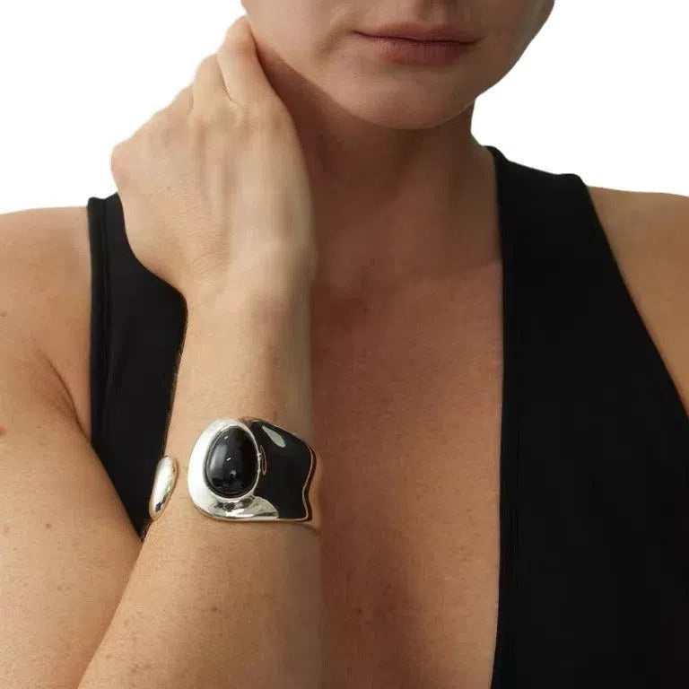 Copper geometric open mouth bracelet with ellipse shape and electroplated finish for women