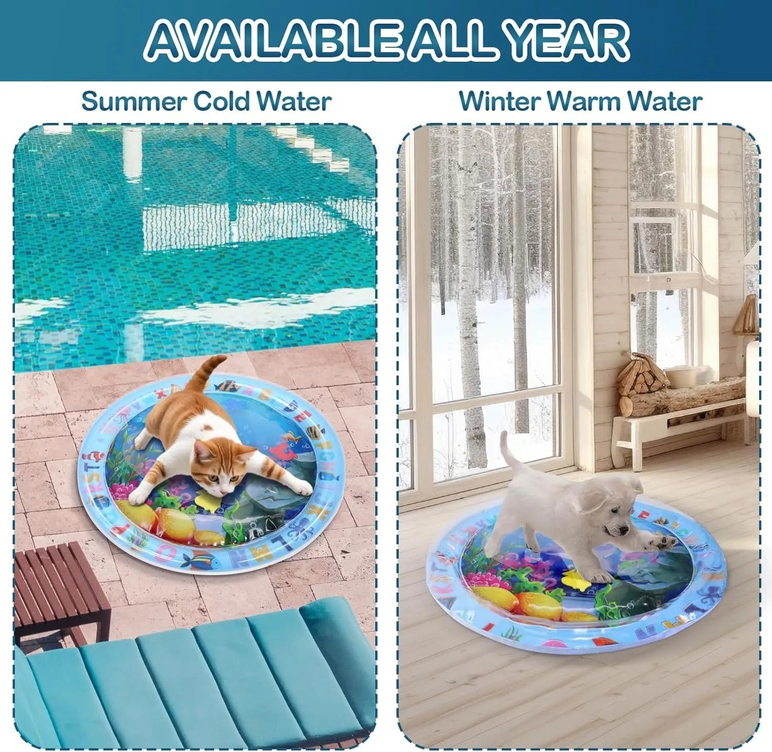 Square PVC water sensory playmat for pets showing inflated outer ring and central water area with floating fish toys.