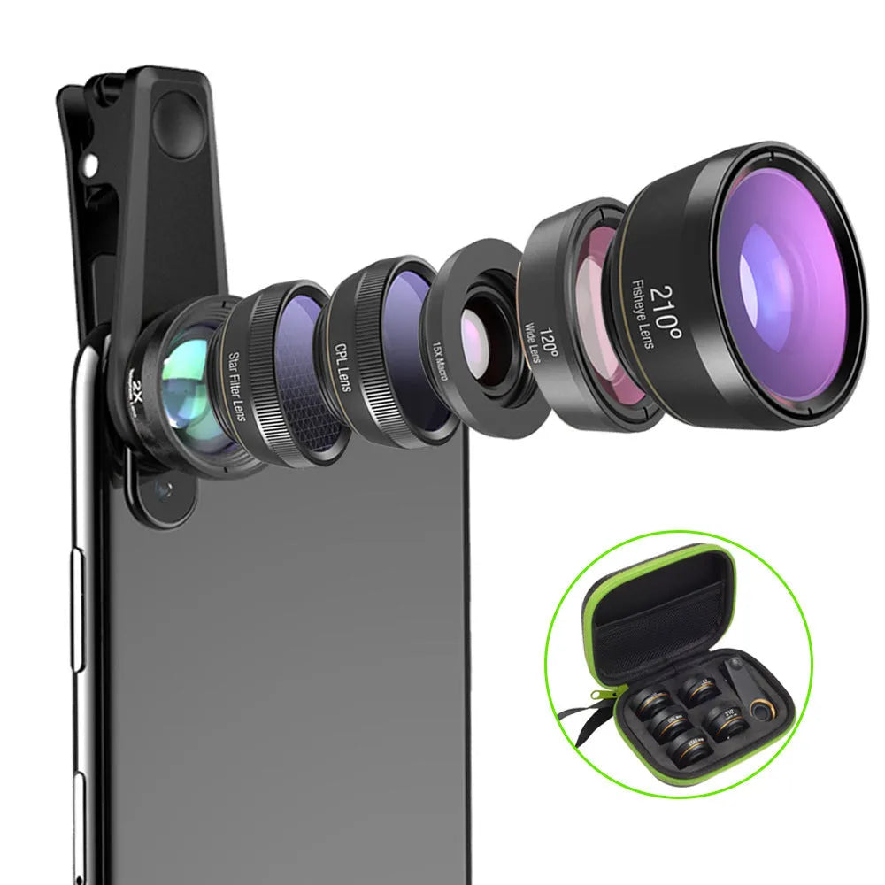 Black 6 in 1 universal smartphone camera lens kit with fisheye, macro, wide-angle, telephoto, CPL and star filters