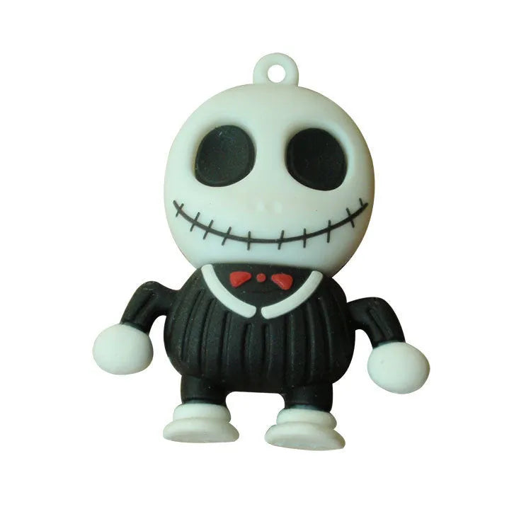 Skeleton skull shaped USB flash drive on a small metal chain with PVC shell.