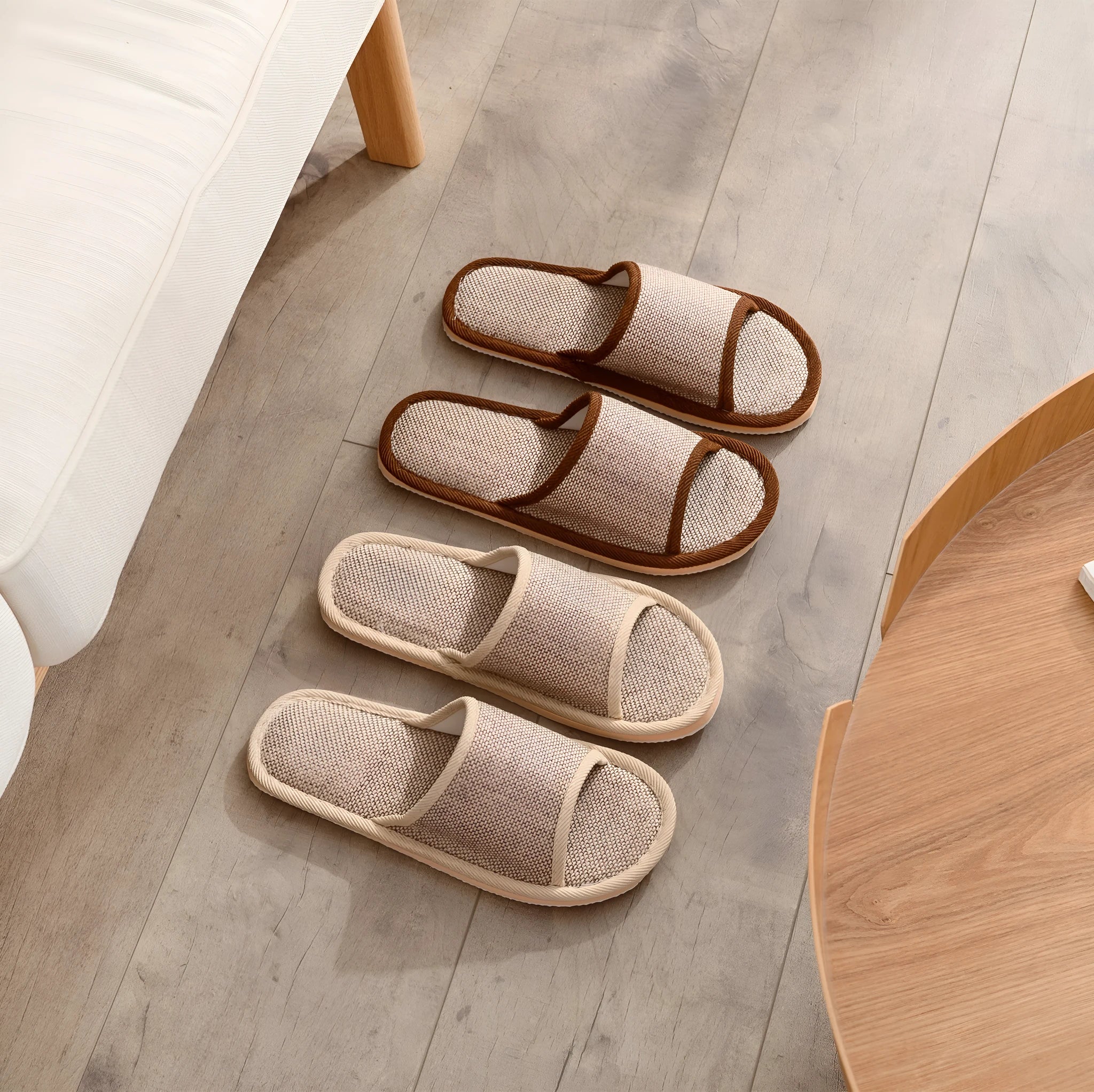 Women's open-toe linen slippers in various colours with thickening sole