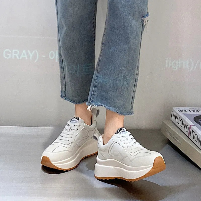Beige cowhide leather women's casual sports shoes with low-top design, round toe, English muffin heel and cross-strap
