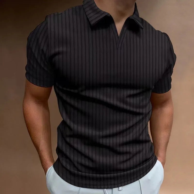 Men's striped V-neck polo shirt in cotton blend fabric for summer sports wear
