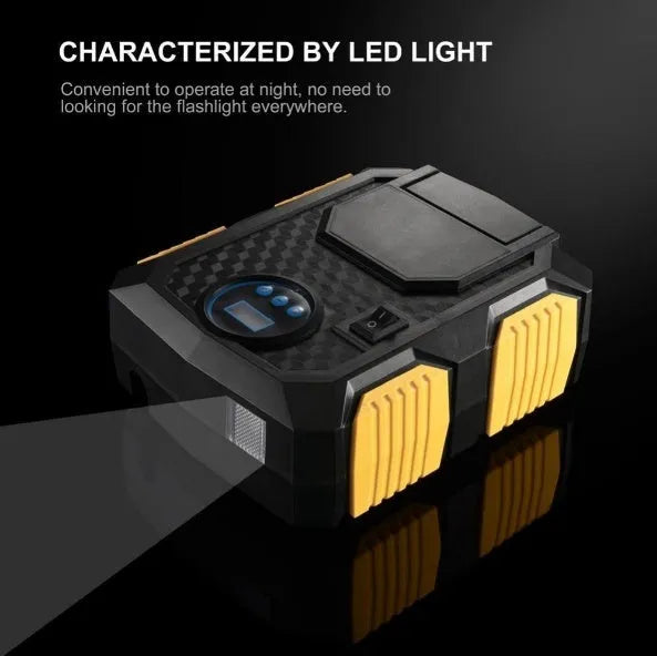 DC 12V digital tire inflator with LED display, bright light, and 3-metre cord for portable car use