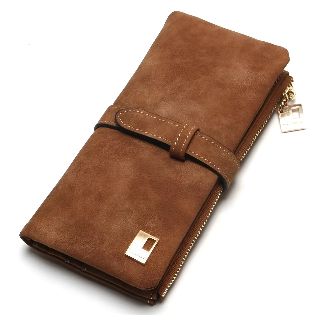 Korean retro long wallet in PU leather showing vertical design, zip closure, and open view of internal compartments.