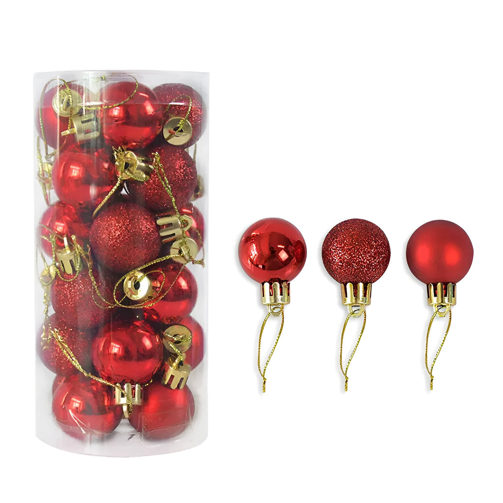 Shiny matte gold, red, silver, and blue 3 cm Christmas baubles spilling from a cardboard box.