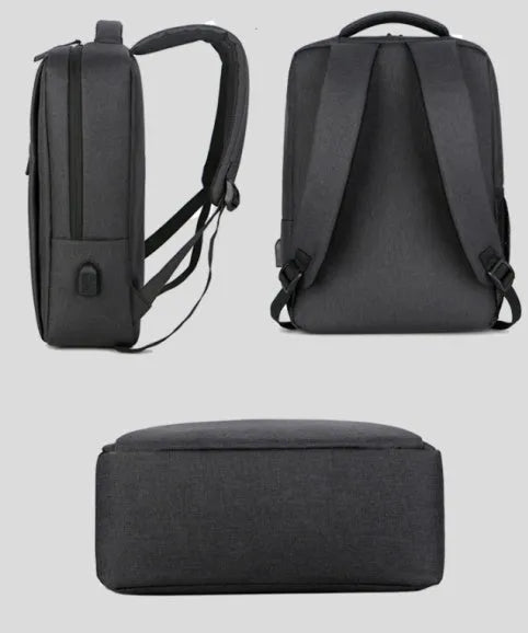 Waterproof rechargeable laptop backpack in black showing shoulders style design with Oxford cloth construction