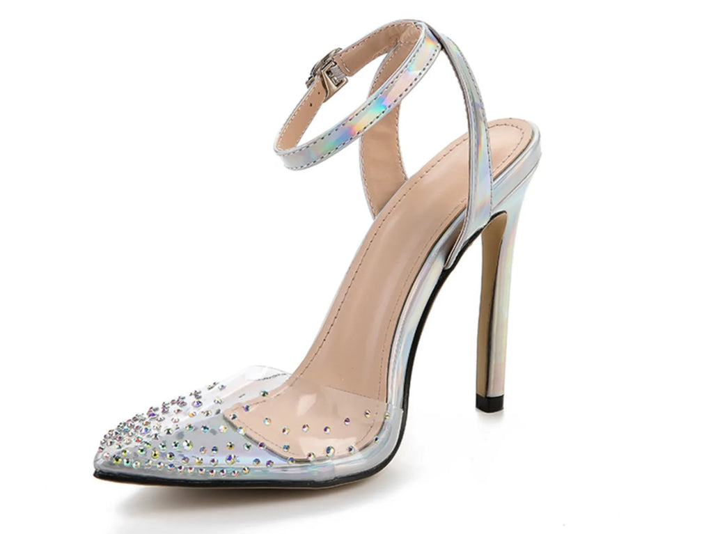 Women's clear PVC pointed toe sandals with a stiletto heel on a white background.