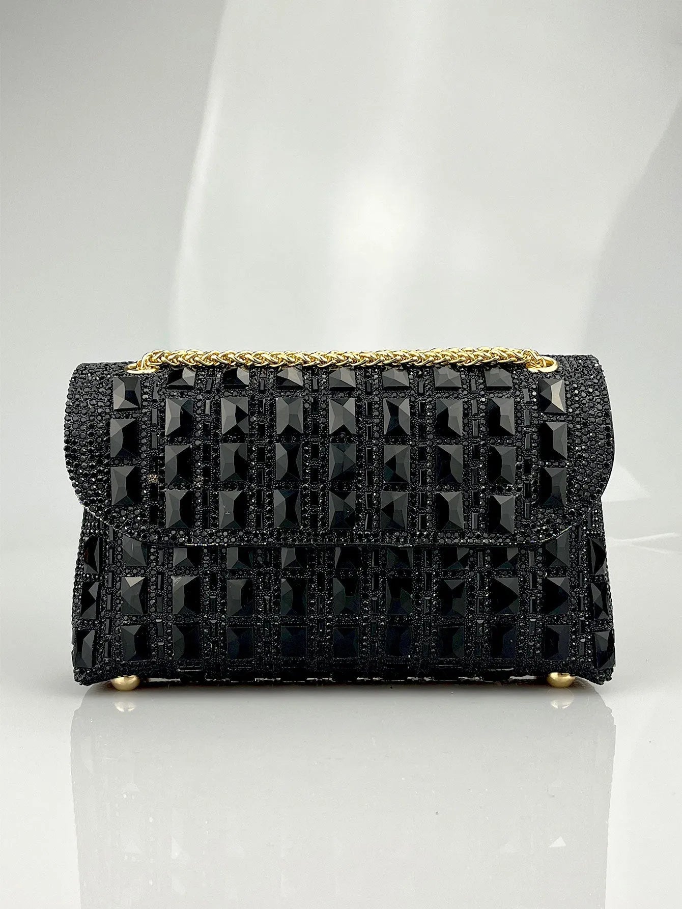 Shiny glass rhinestone chain clutch in horizontal square PU shape with black colour and open pocket
