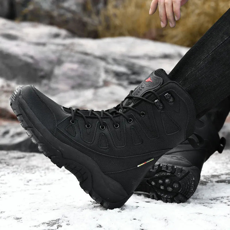 Men's beige hi-top hiking sneakers with a platform sole made from cowhide leather.