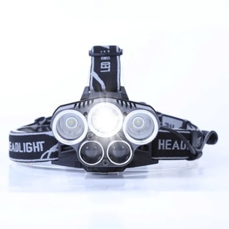 Head-mounted camping light with LED beam showing waterproof construction and rechargeable battery