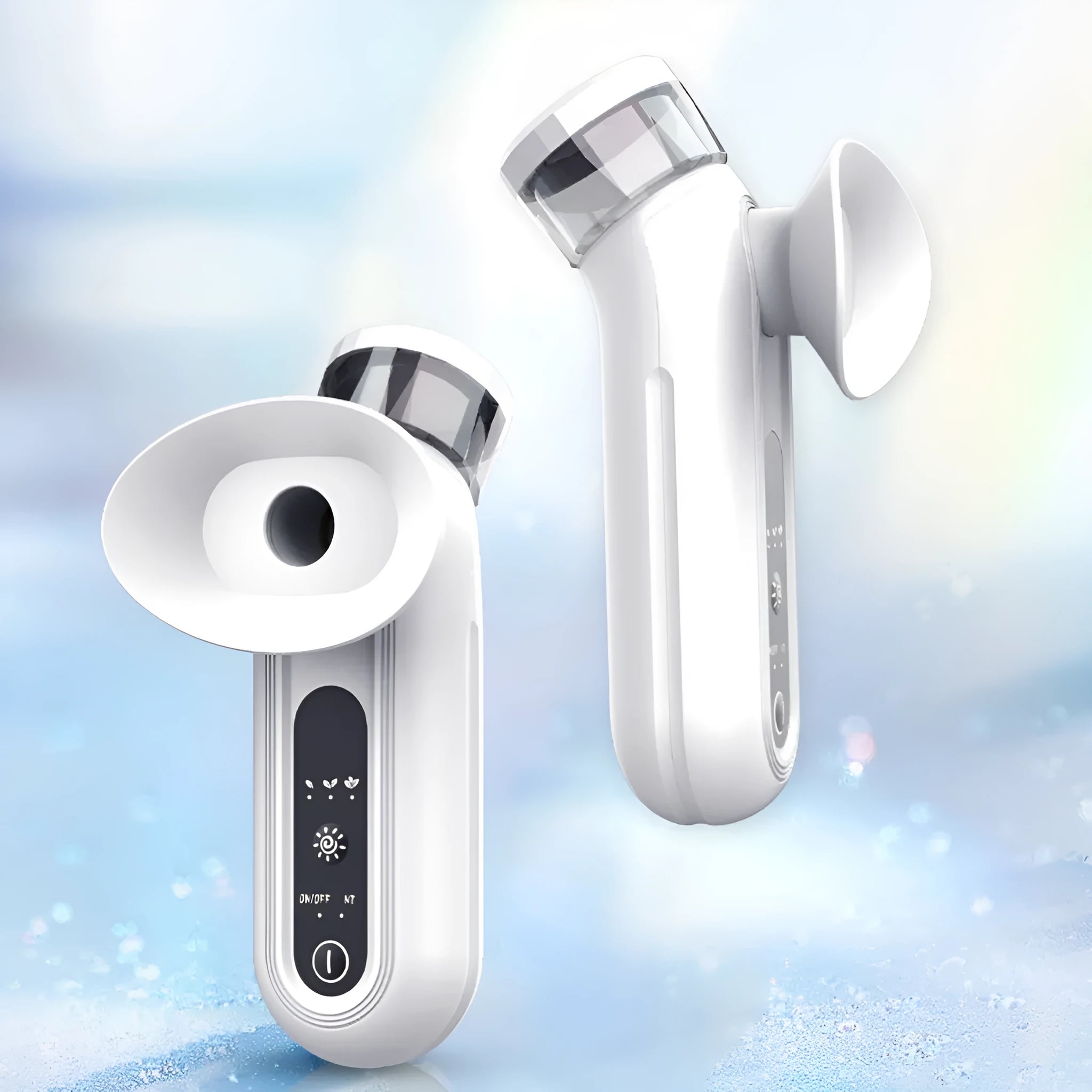 White portable rechargeable eye massager with cold hot compress functions and included accessories