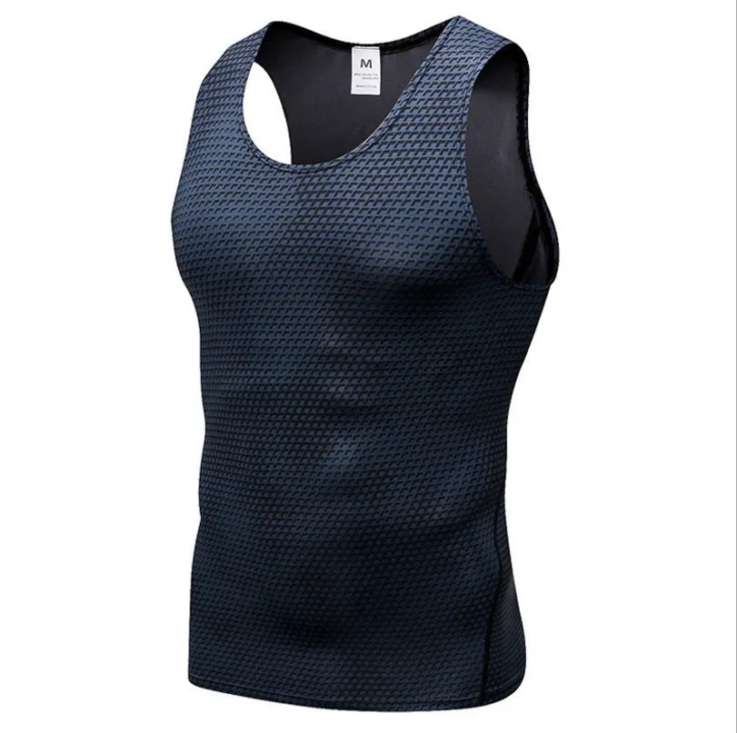 Men's polyester sports vest in black, front view, showing sleeveless design and athletic fit