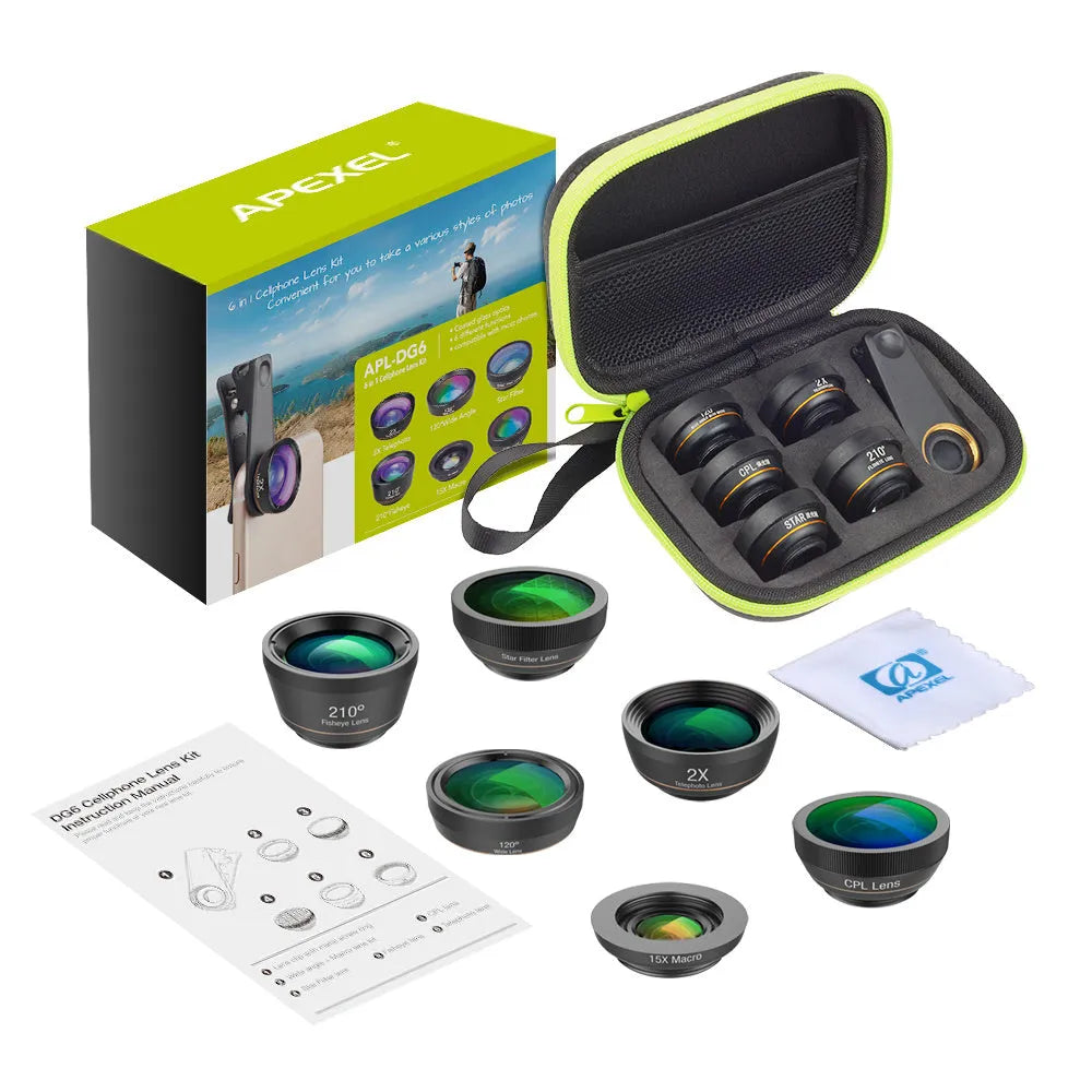 Black 6 in 1 universal smartphone camera lens kit with fisheye, macro, wide-angle, telephoto, CPL and star filters