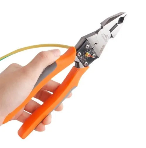 Orange multi-function wire cutter pliers with alloy steel jaws and textured PVC handles.